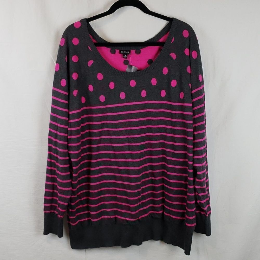 Torrid 3 Grey & Pink Polka Dot & Stripe Sweater